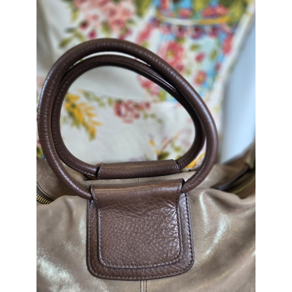 HOBO Taupe Metallic Leather Fringe Satchel Crossbody Velvet Hide Leather Western - Picture 9 of 16